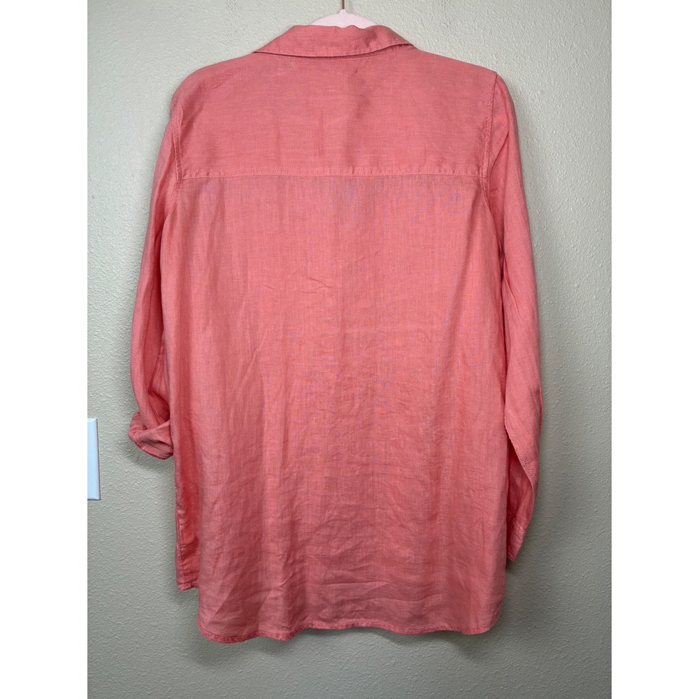 Sigrid Olsen Women Coral Pink 100% Linen Button Up Roll Tab Sleeve Shirt Size L - Picture 2 of 7